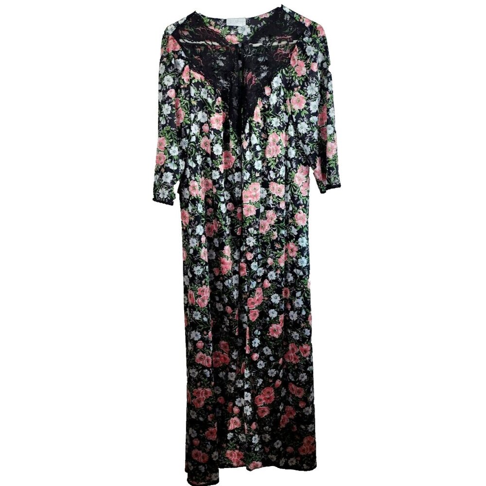 Vintage Vassarette Women Long Night Gown Small Black Floral Satin Lace Yoke
